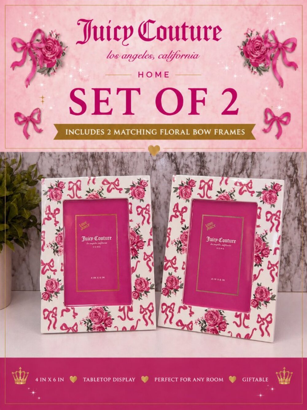 Juicy Couture Floral Bow Photo Frame Set 2 Pink 4x6 Tabletop Decor